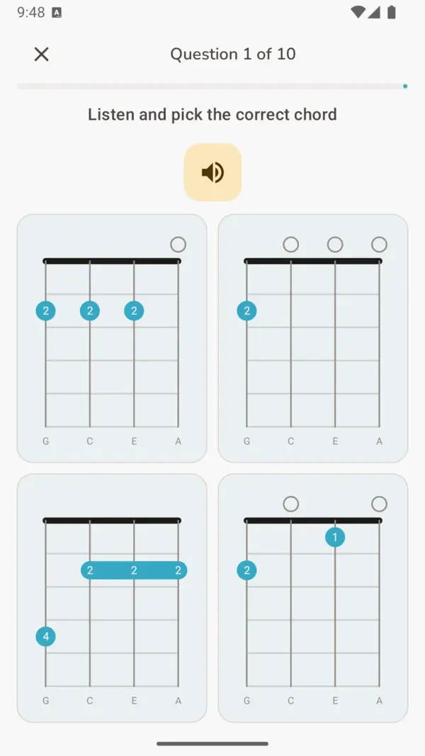 Ear Training quiz screen showing four chord diagram options to identify a played chord