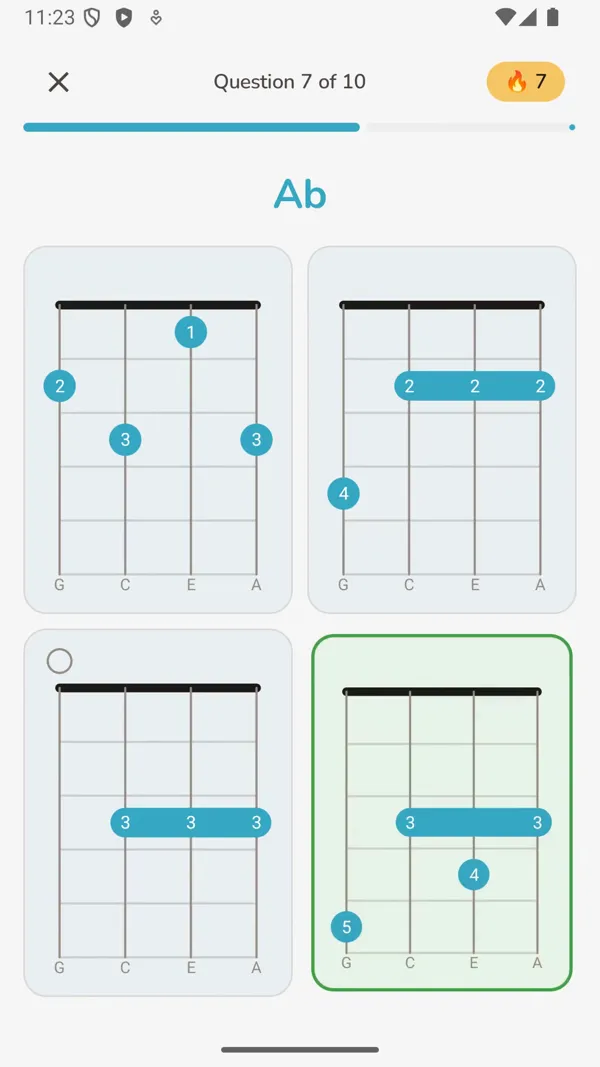 Find that Chord quiz screen showing a chord name with four diagram options