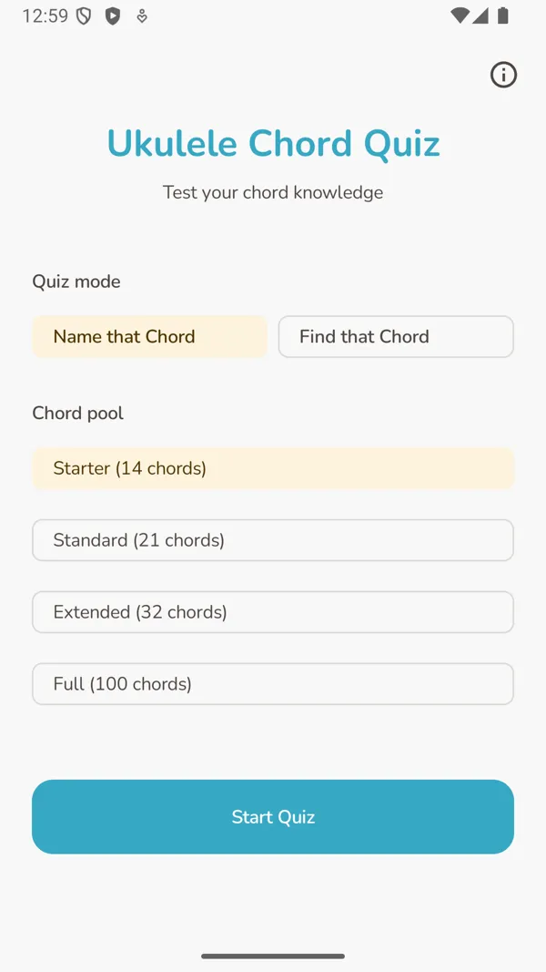 Ukulele Chord Quiz home screen showing mode selection