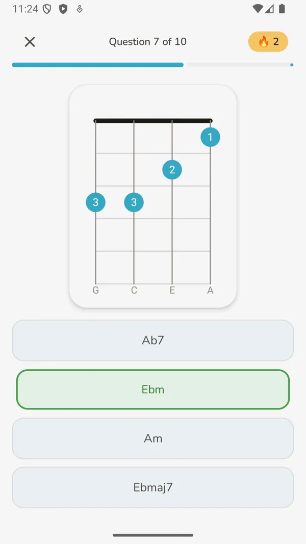 Name that Chord quiz screen showing a chord diagram with four answer options